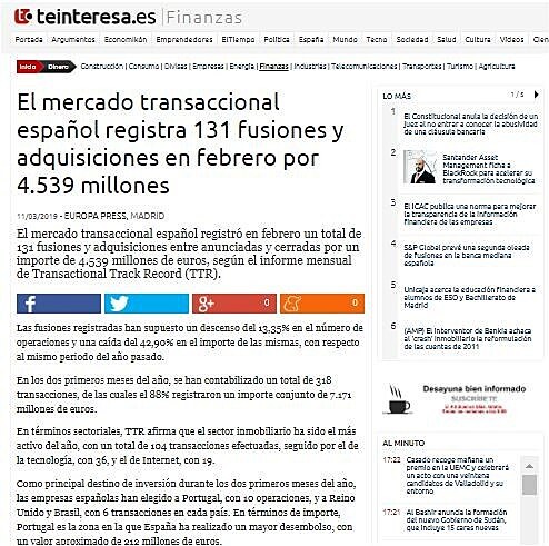 El mercado transaccional espaol registra 131 fusiones y adquisiciones en febrero por 4.539 millones